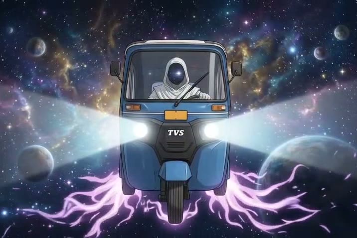 un mototaxi azul sale de los planetas hacia el cosmos, rayos morados bajo las ruedas