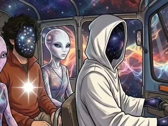 el interior de un autobús: al volante una figura con capucha blanca y una galaxia en lugar