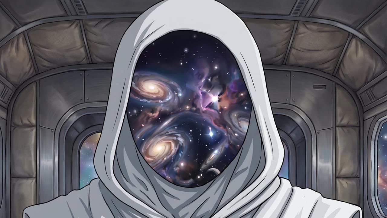 capucha blanca, una galaxia en lugar del rostro, al volante