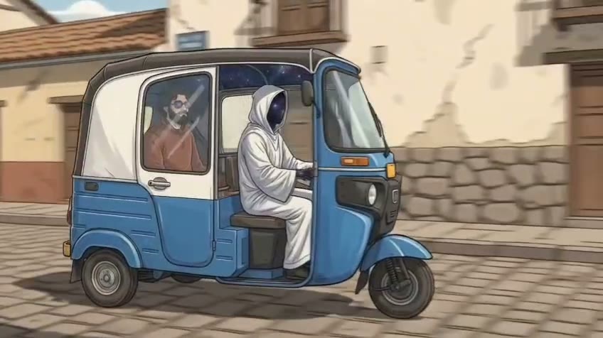 un mototaxi en una calle de piedra, al volante una mujer de blanco