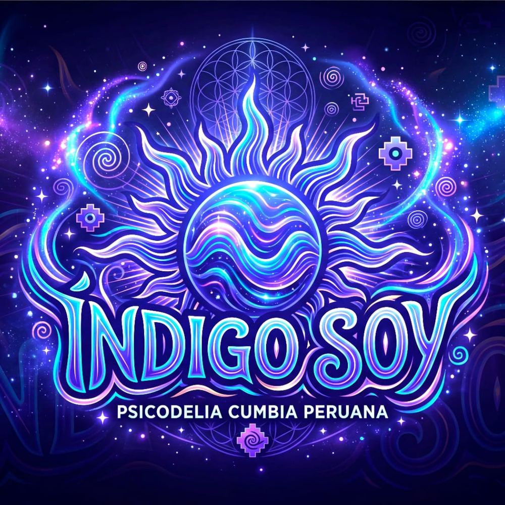 emblema: «INDIGO SOY · PSICODELIA CUMBIA PERUANA», un sol azul con una ola dentro de un cí