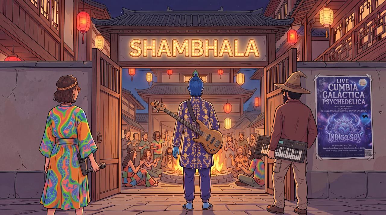 dibujo: el portón de Shambhala con el letrero encendido, en la entrada tres personas con b