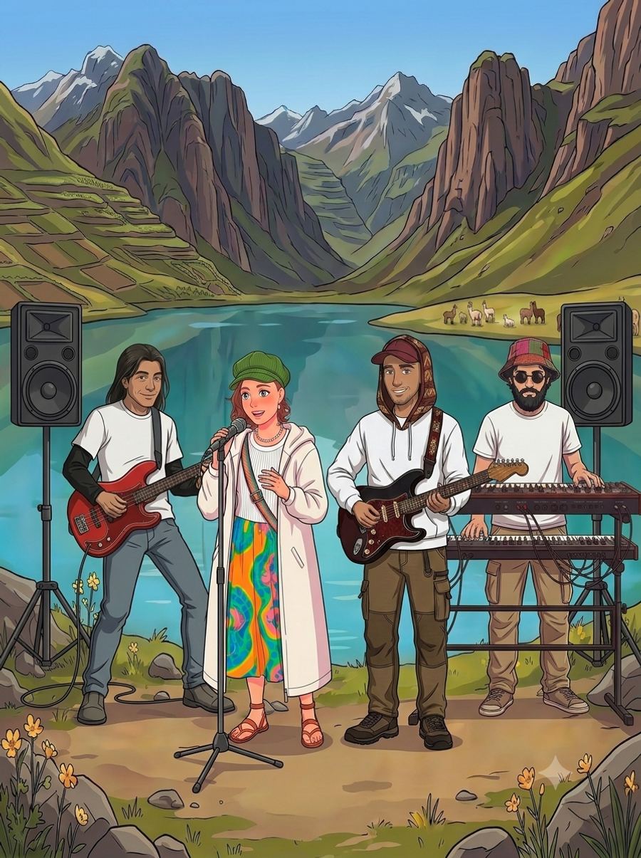 dibujo: cuatro músicos junto a una laguna de montaña, la cantante con abrigo blanco y gorr