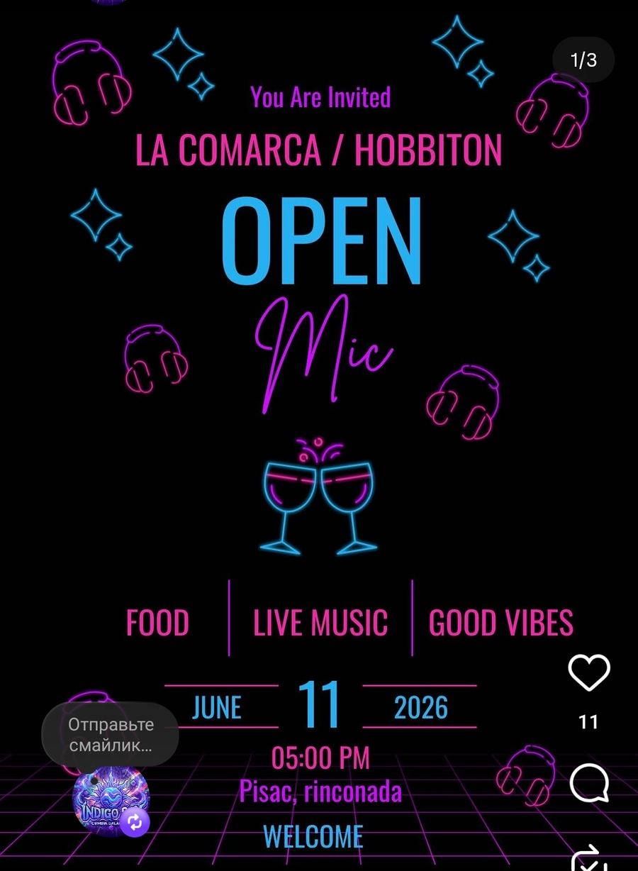 foto de Instagram: «LA COMARCA / HOBBITON · OPEN MIC · JUNE 11 2026 · 05:00 PM · Pisac, ri