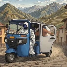 El mototaxi en un pueblo bajo las montañas